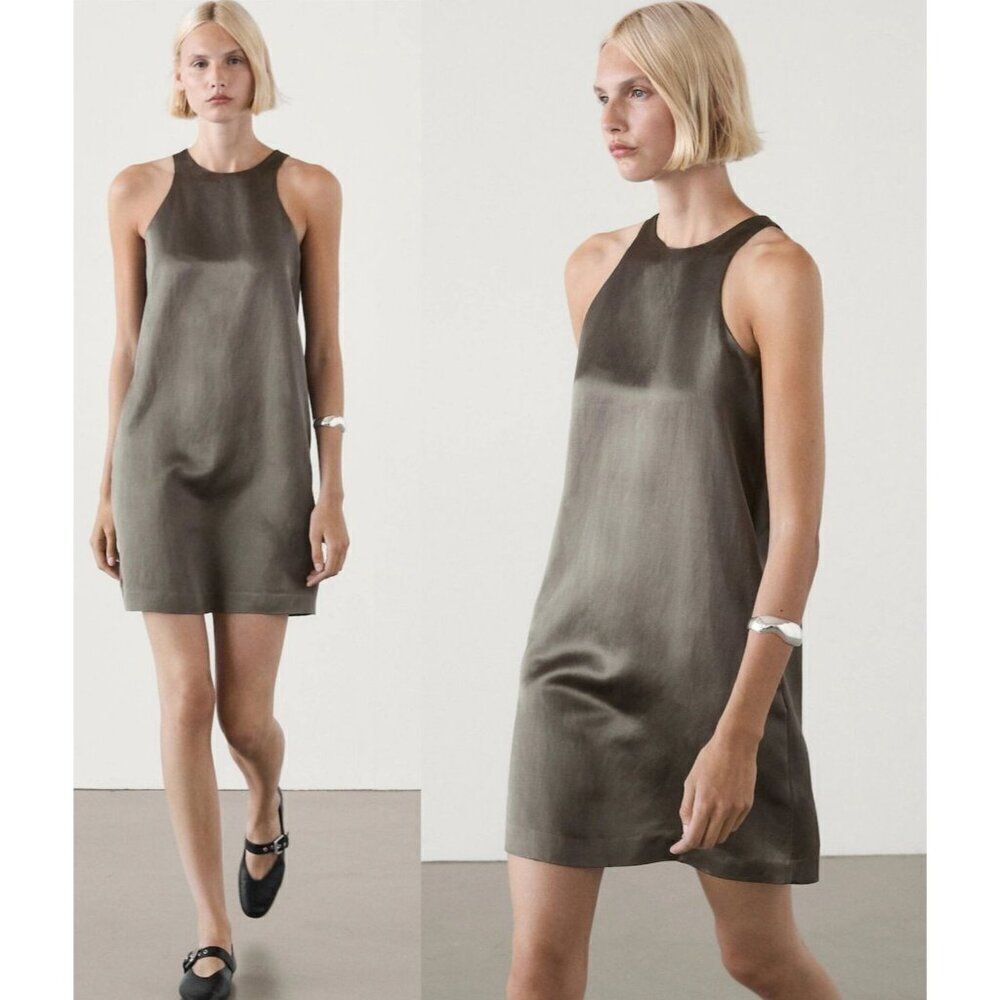 Massimo Dutti Womens Mini Dress Size XS Gray Satin Linen Sleeveless 6655/655 NWT